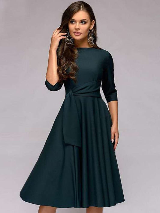 A Line Dress Knee Length Dress Dark Green Navy Blue Beige 3/4 Length Sleeve Pure Color Lace up Fall Spring Round Neck Stylish Elegant Casual Party Slim S M L XL XXL for Women
