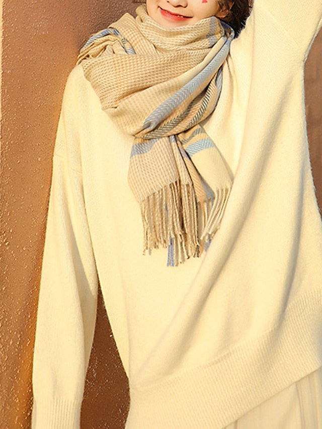 Shawls & Wraps Outdoor Dailywear Holiday Camel Blue Pink Scarf Plaid for Women