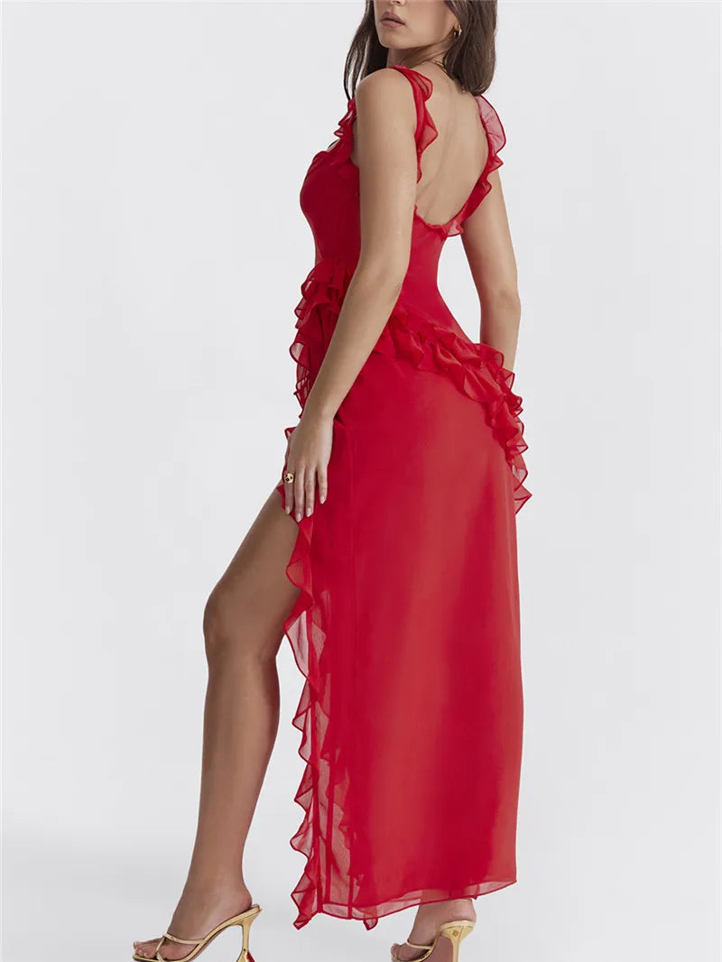 FashionSierra Women's Ruffle Solid Color High Split Party Cocktail Summer Bodycon Maxi Dress
