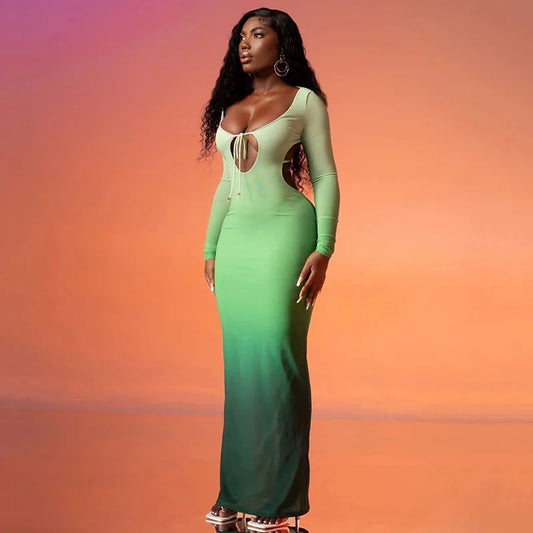 Sleeve Backless Hollow Out Lace Up Slit Sexy Bodycon Fall Women Birthday Party Cut Out Dress