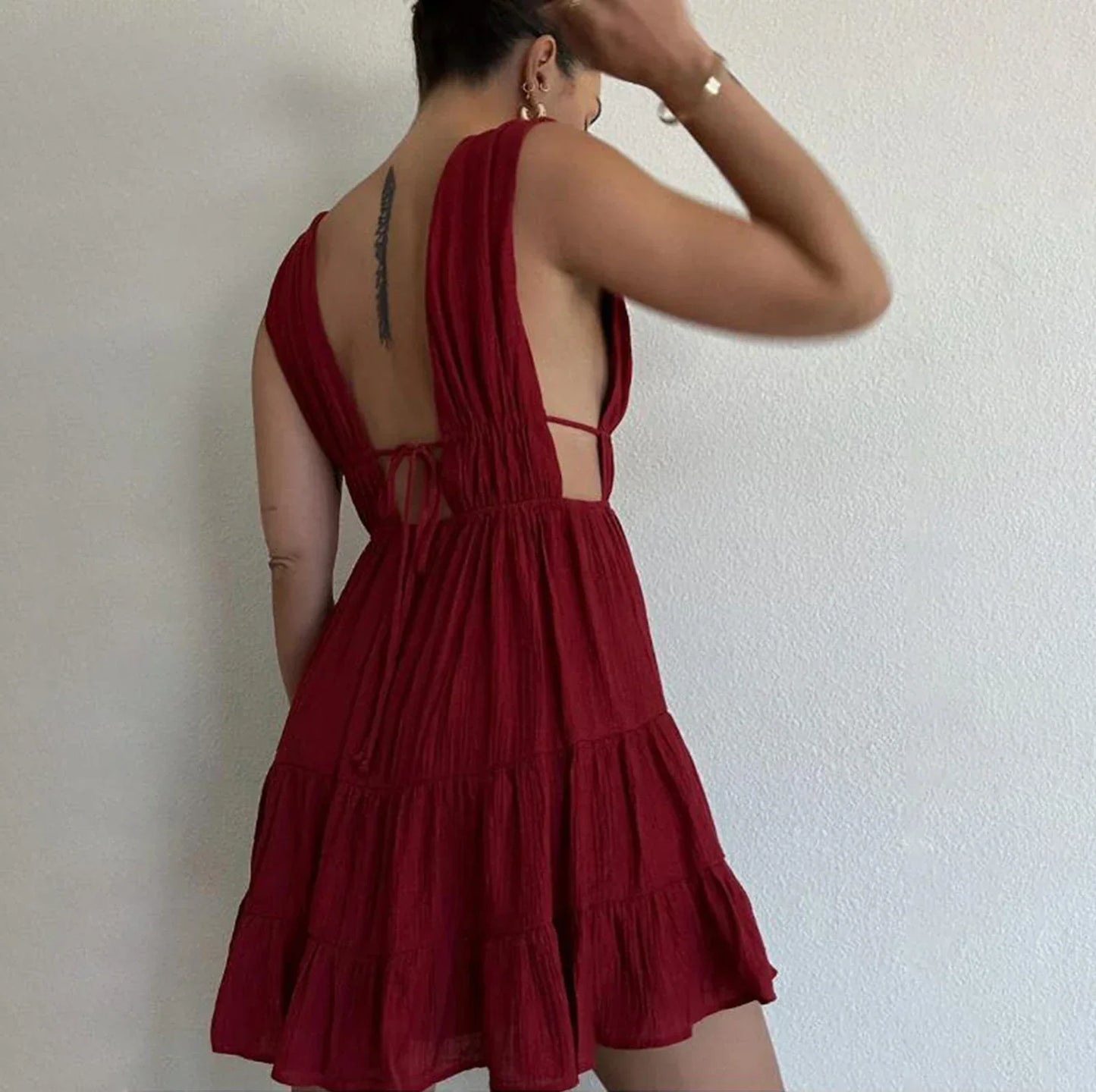 Formal Prom Gowns Evening Party Tank Women Sleeveless Deep V-Neck Solid Cut Out Dress
