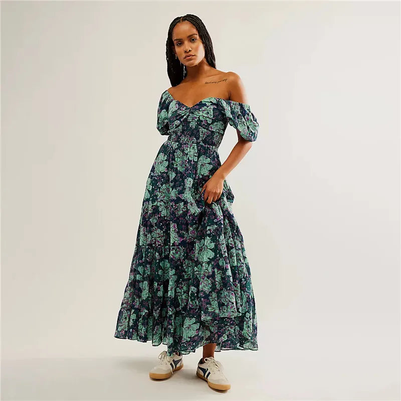 Waist A-Line Neck Tunic Short Puff Sleeve Floral Printed Maxi Boho Dress