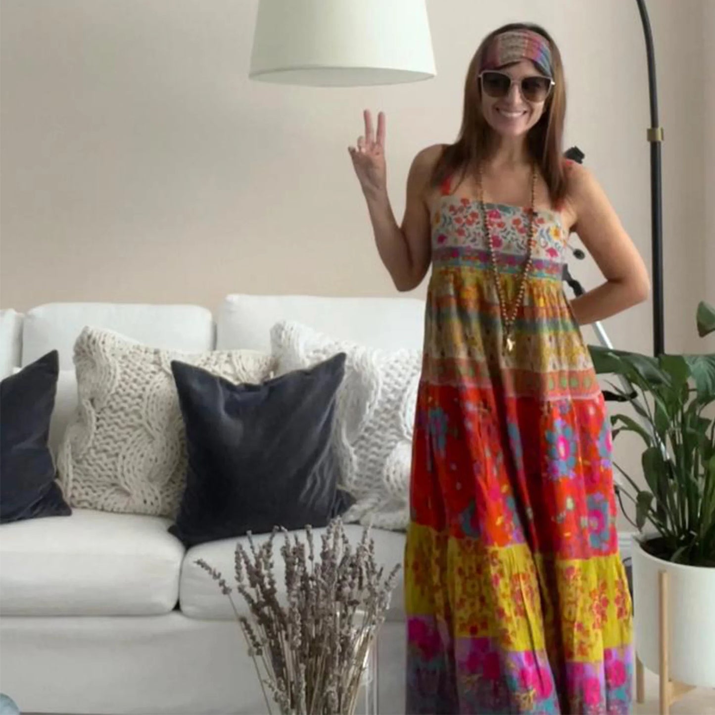 FashionSierra - Women Colorful Graffiti Floral Ruffle Cami Summer Boho Flowy Spaghetti Strap Maxi Sun Midi Dress