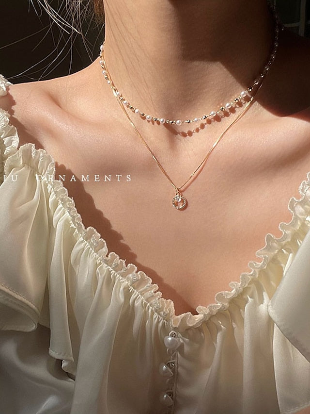 1PC Necklace Layered Choker Necklace Handmade 14K Gold Plated Y Pendant Necklace Multilayer Bar Disc Necklace Adjustable Layering Choker Necklaces for Women for Women