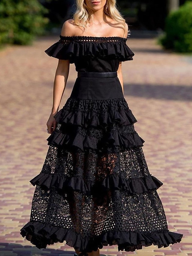 A Line Dress Maxi long Dress White Black Short Sleeve Solid Color Ruffle Spring Summer Off Shoulder Party Hot Romantic S M L XL for Women