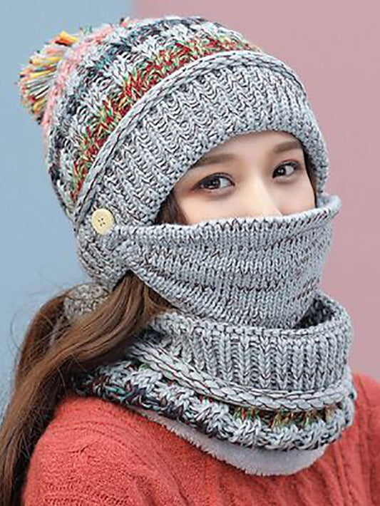 women girls knitted hat scarf mask set winter fleece lined beanie knit ear flaps hat with pompom (pink) for Women