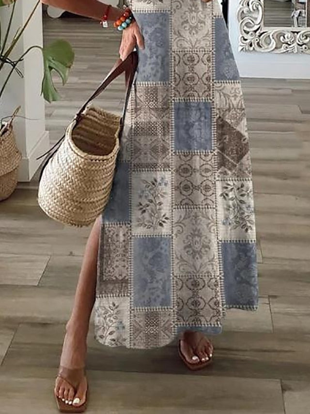 A Line Dress Long Dress Maxi Dress Blue Short Sleeve Print Split Spring Summer V Neck Casual Loose Fit S M L XL XXL 3XL for Women