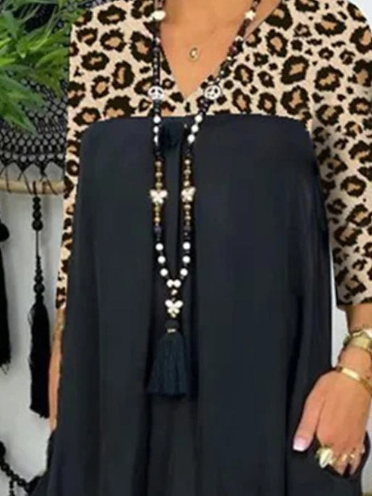 A Line Dress Knee Length Dress Black Long Sleeve Leopard Patchwork Summer Spring V Neck Casual Winter Dress Fall Dress Loose Fit S M L XL XXL 3XL for Women