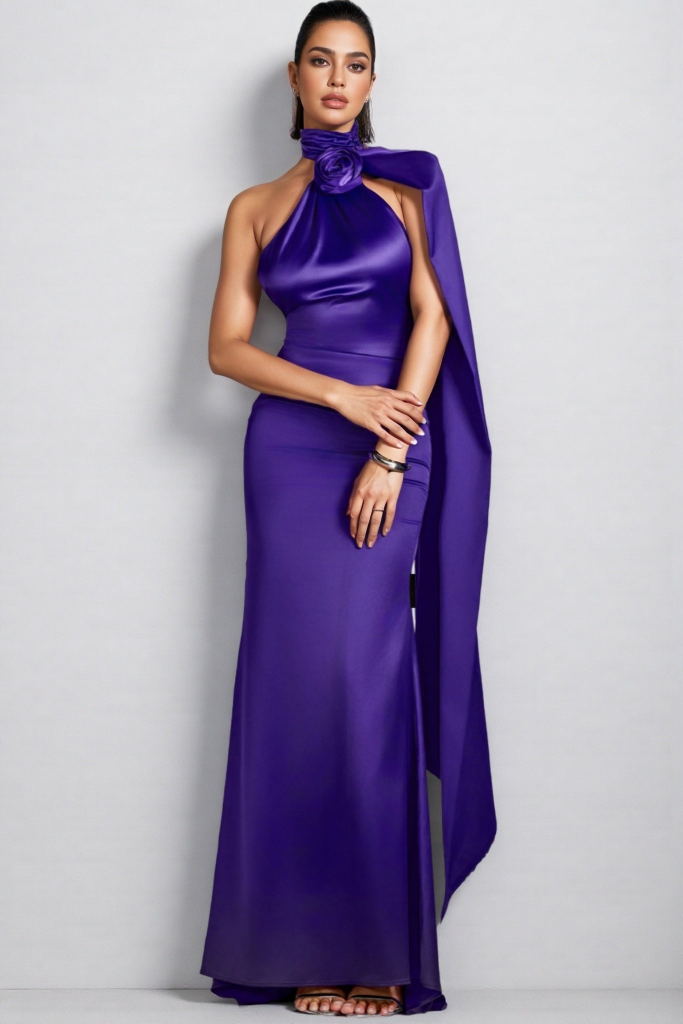 Valentina Halter Floral Maxi Satin Dress