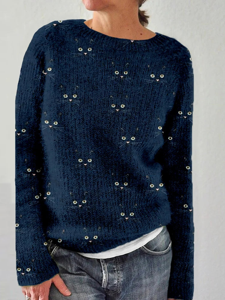 Suéter de punto con cuello redondo y estampado de caras de gato para mujer | Ideal para otoño/invierno