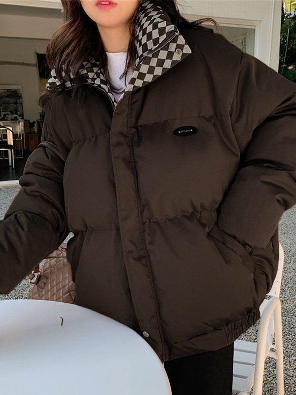 Checkered Collar Zip Up Padded Jacket
