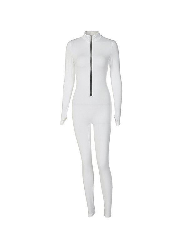 Solid Color Front Zip Skinny Jumpsuit