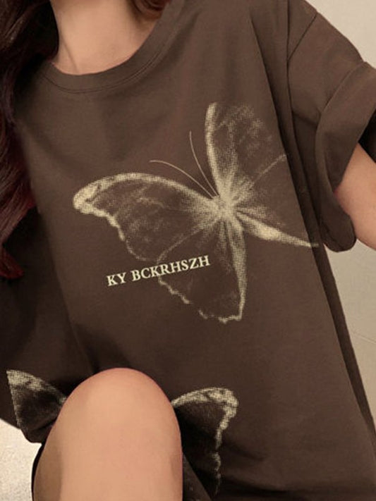 Vintage Butterfly Print Oversized Short Sleeve Tee
