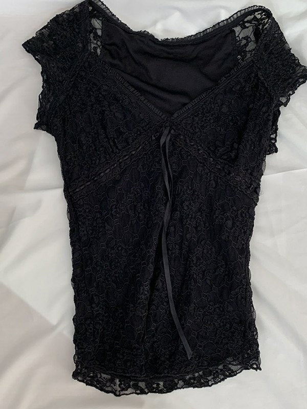V Neck Tie Front Lace Blouse