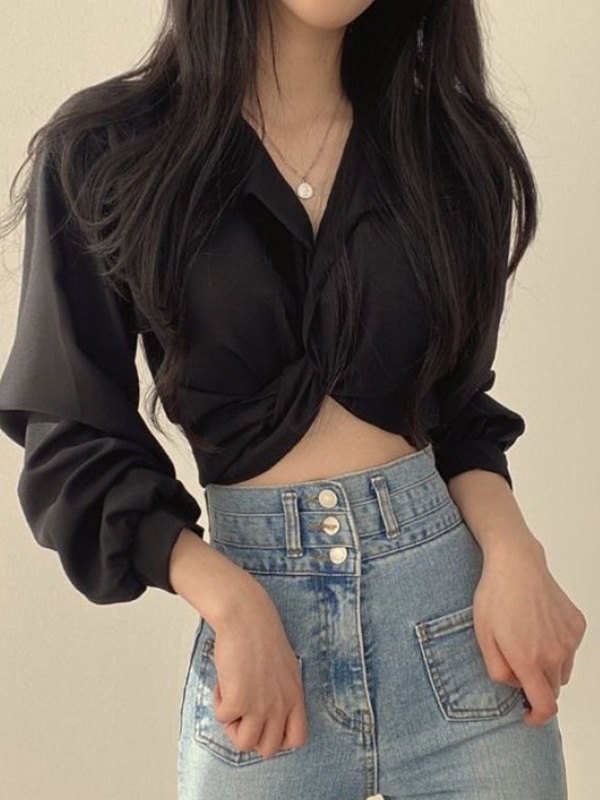 Knotted Tie Strap Cropped Long Sleeve Blouse