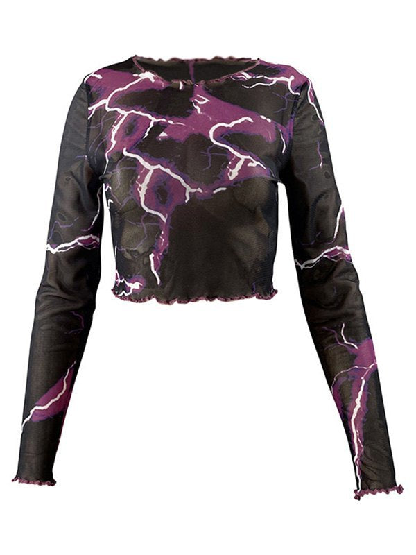 Mesh Long Sleeve Lightning Crop Top