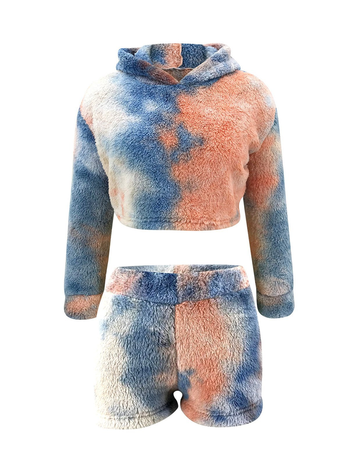 Solid Plush Hoodie With Shorts Lounge Set