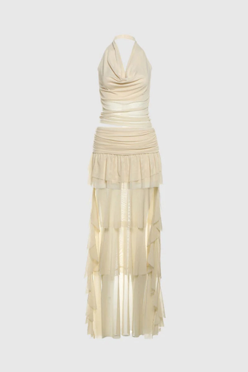 Conjunto de falda con cuello vuelto y malla con volantes