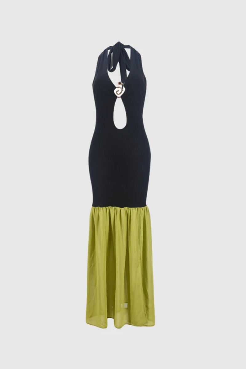 Vestido largo con escote halter, espalda descubierta y abertura