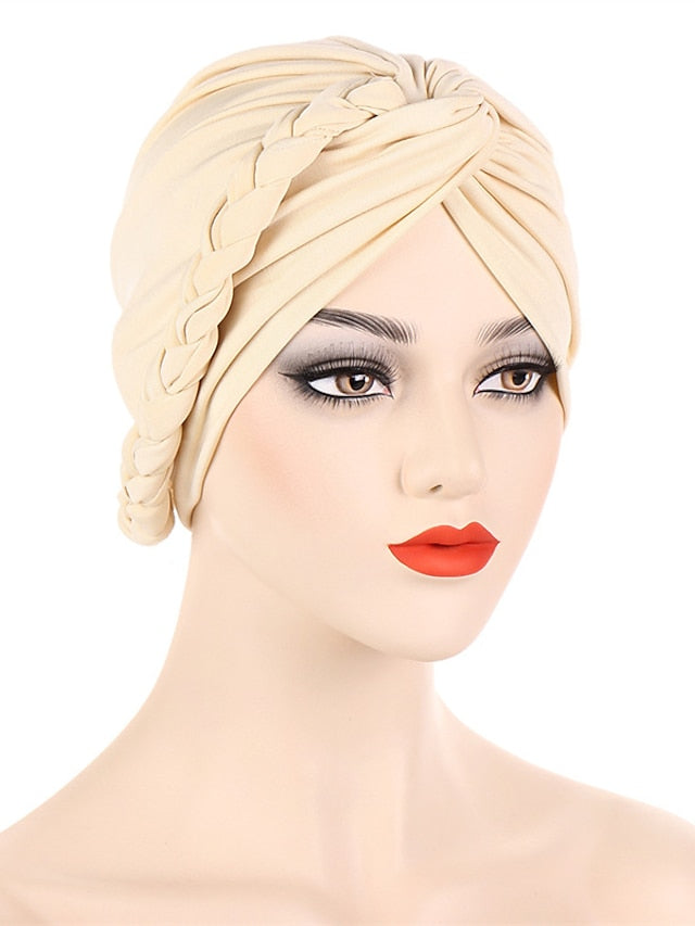 Women Lady Muslim Braid Head Turban Wrap Plain Color Islamic Arab Cap Hat Hair Loss Bonnet Beanies for Women