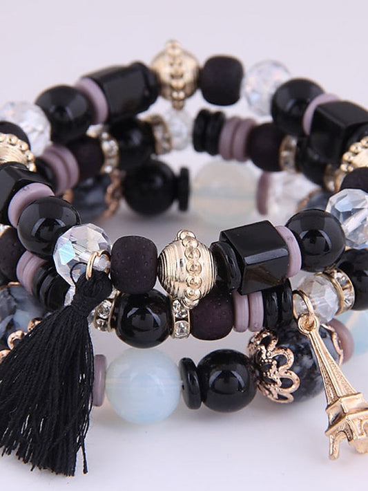 3pcs Bead Bracelet Bracelet Layered Fashion Tassel Bohemian Resin Bracelet Jewelry Black / White / Pink For Gift Daily Holiday Date for Women