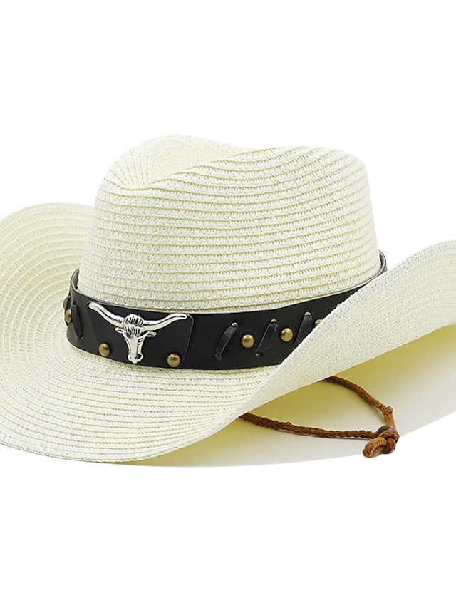 Ethnic Style Hat Cowboy Men Straw Panama Hat Belt Cow Decorate Wide Brimmed Hats For Summer Khaki Women Hat New Arrival for Women