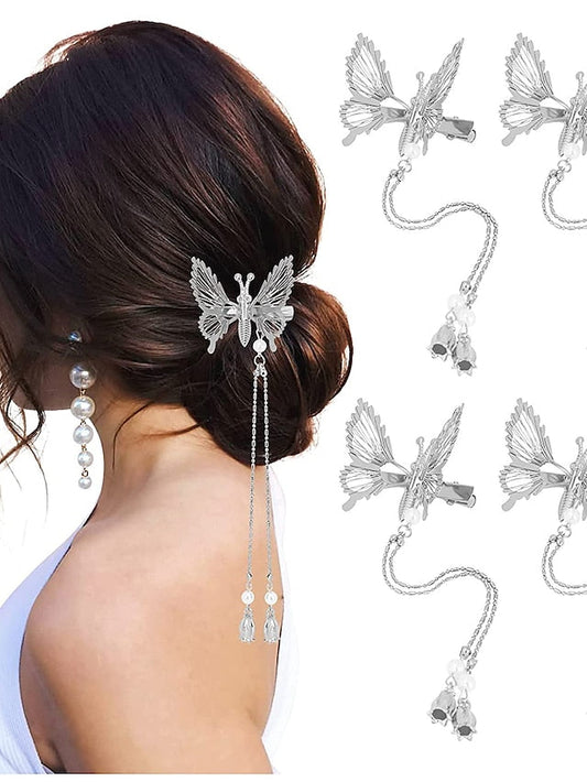 3D Moving Butterfly Hair ClipsMetal Butterfly Hairpins Bride Wedding Head Pieces Hair Accessories for Women Girls Moving Tassel Butterfly Hair Clips 4 PCS 3D Metal Silver Moving Wings Butterfly Hairp for Women