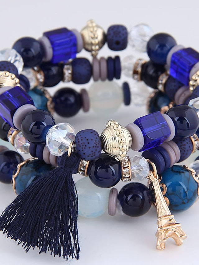 3pcs Bead Bracelet Bracelet Layered Fashion Tassel Bohemian Resin Bracelet Jewelry Black / White / Pink For Gift Daily Holiday Date for Women