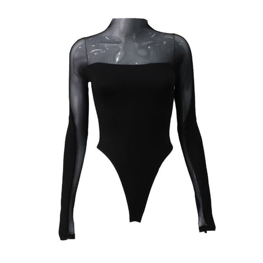 Long sleeve high neck mesh patchwork bodysuit | Festival Outfits Women