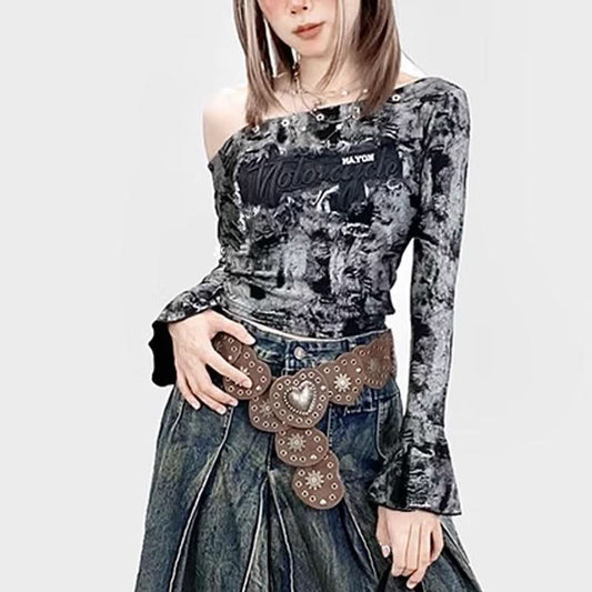 Long flared sleeve irregular tie dye one shoulder top | Festival Outfits Women