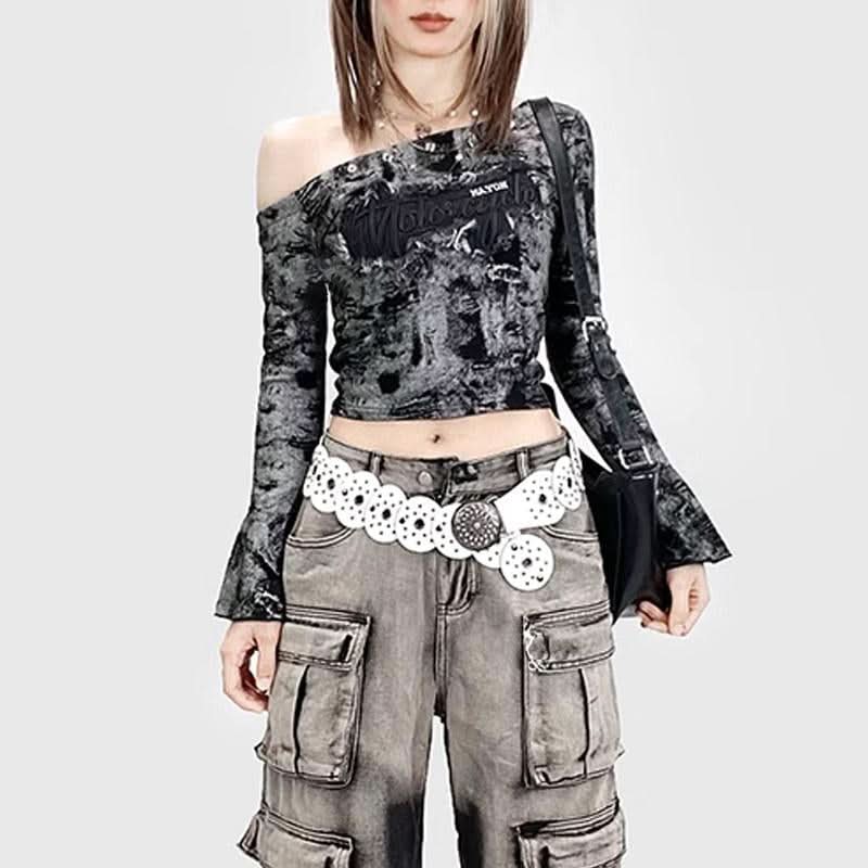 Long flared sleeve irregular tie dye one shoulder top | Festival Outfits Women