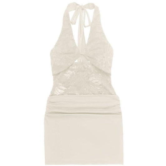 Halter self tie hollow out lace ruched cut out mini dress | Festival Outfits Women