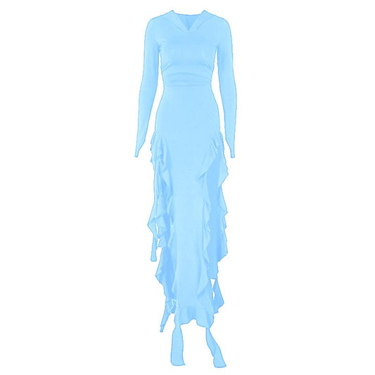 Long sleeve hoodie gloves ruffle maxi dress | Festival Outfits Women