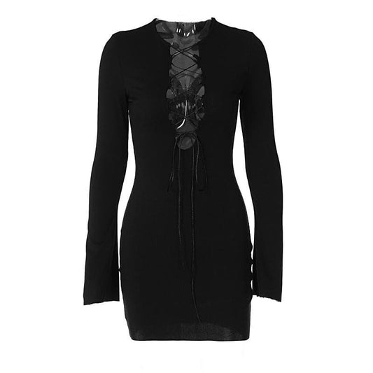 Lace up solid long sleeve ribbed self tie mini dress | Festival Outfits Women