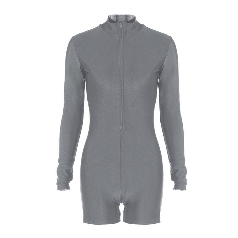 Zip-up solid long sleeve high neck romper | Festival Outfits Women