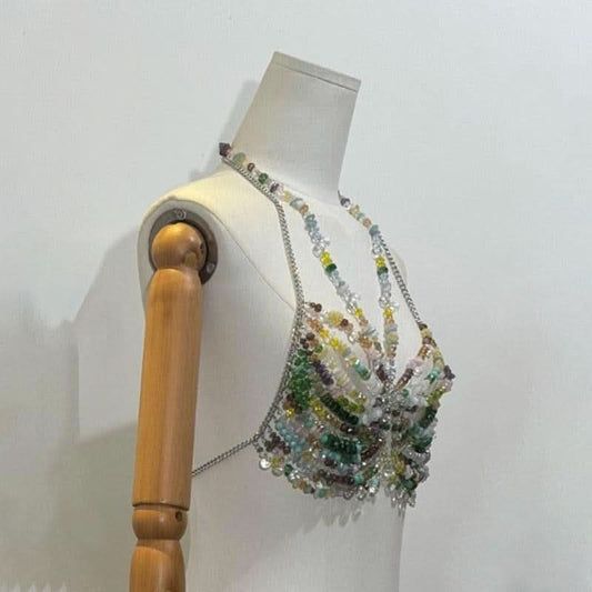 Halter metal chain hollow out beaded cut out top | Festival Outfits Women
