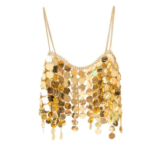 Metal chain glitter v neck hollow out cami cut out top | Festival Outfits Women