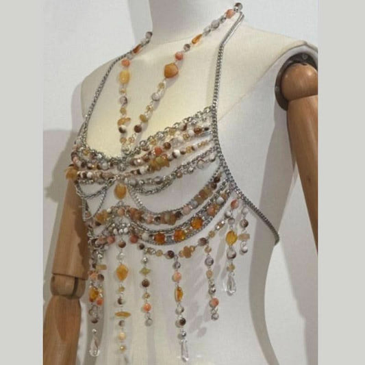 Hollow out halter metal chain beaded cut out top | Festival Outfits Women