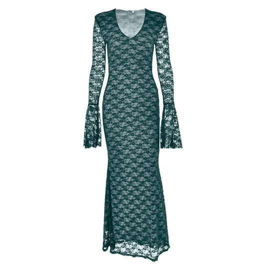 Long flared sleeve lace v neck patchwork maxi dress | Festival Outfits Women