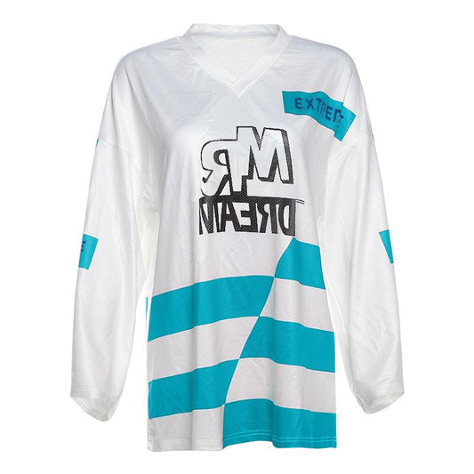 Long sleeve v neck letter print contrast top | Festival Outfits Women