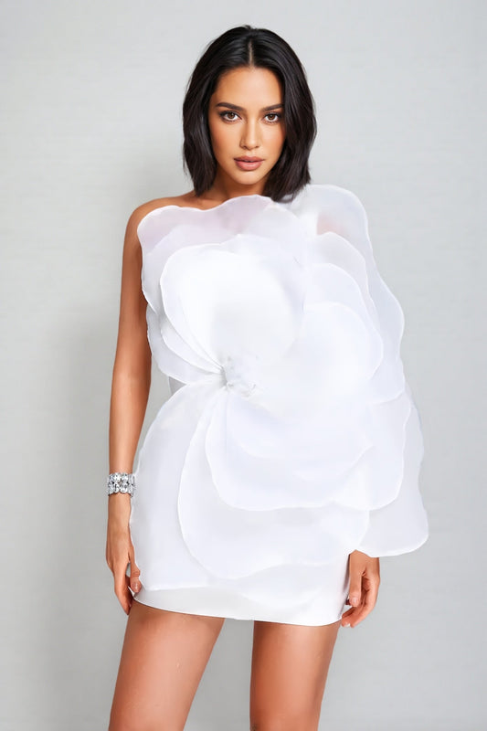 Opal Mesh Flower Mini Tube Dress-White
