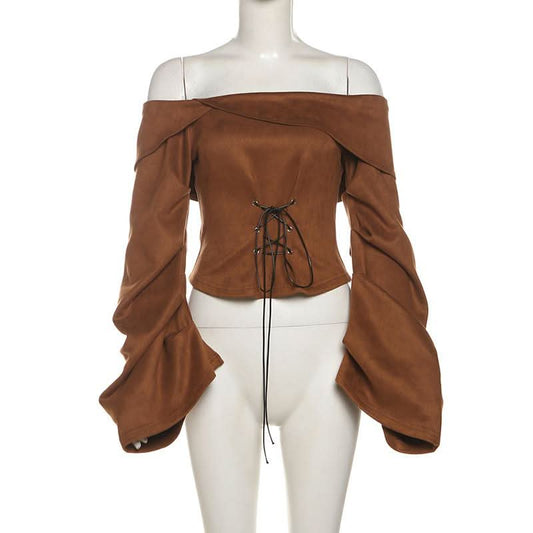 Off shoulder long sleeve lace up zip-up top | Festival Outfits Women