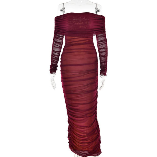 Off shoulder long sleeve slit mesh ruched maxi dress | Festival Outfits Women