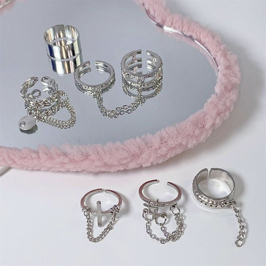 Cross metal chain 7 piece silver ring | Festival Outfits Women