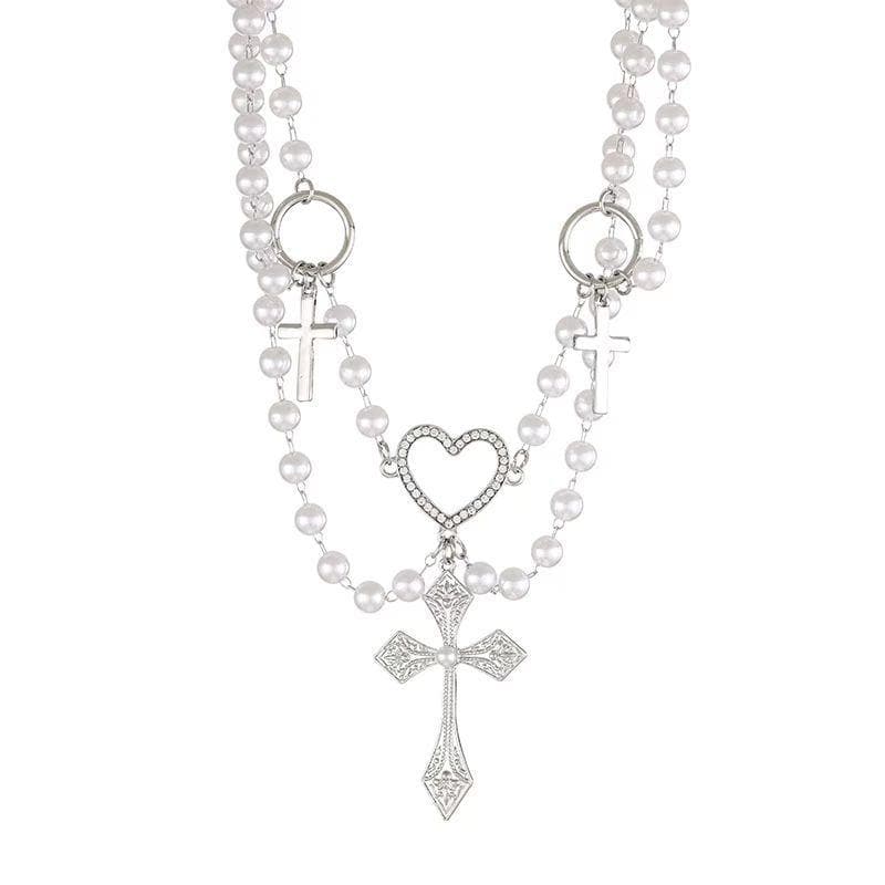 O ring faux pearl layered cross pendant choker necklace | Festival Outfits Women