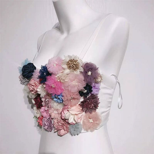 Flower applique v neck button contrast cami top | Festival Outfits Women