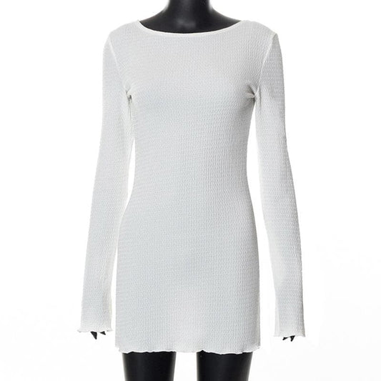 Textured solid self tie backless long sleeve ruffle mini dress