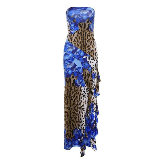 Leopard print contrast ruffle high slit tube maxi dress | Festival Outfits Women