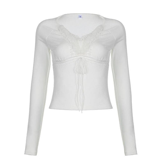 Fluffy patchwork solid long sleeve self tie top