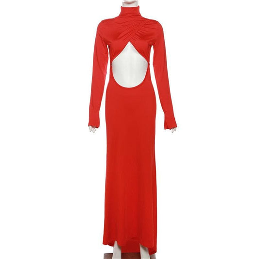 Hollow out solid long sleeve high neck zip-up cut out maxi dress | Festival Outfits Women